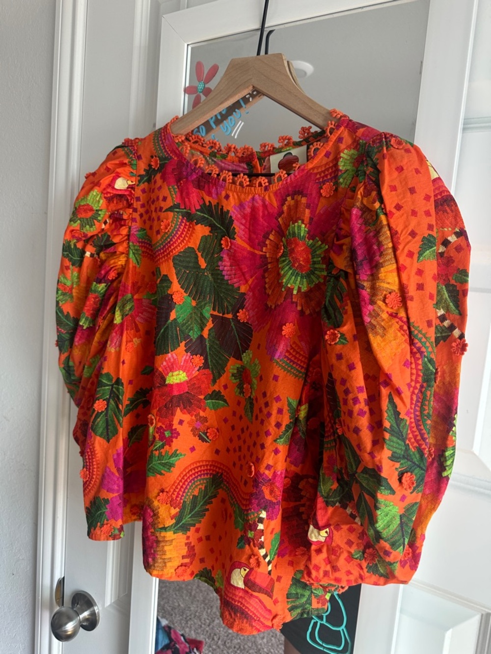 Farm Rio Blooming Garden Puff-Sleeve Top in Orange M - Picture 5 of 11